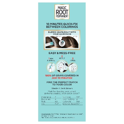 Picture of L'Oreal Paris Magic Root Rescue 10 Minute Root Hair Coloring Kit, Permanent Color with Quick Precision Applicator, 100 percent Gray Coverage, 4 Dark Brown, 1 kit (Packaging May Vary)