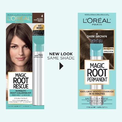 Picture of L'Oreal Paris Magic Root Rescue 10 Minute Root Hair Coloring Kit, Permanent Color with Quick Precision Applicator, 100 percent Gray Coverage, 4 Dark Brown, 1 kit (Packaging May Vary)