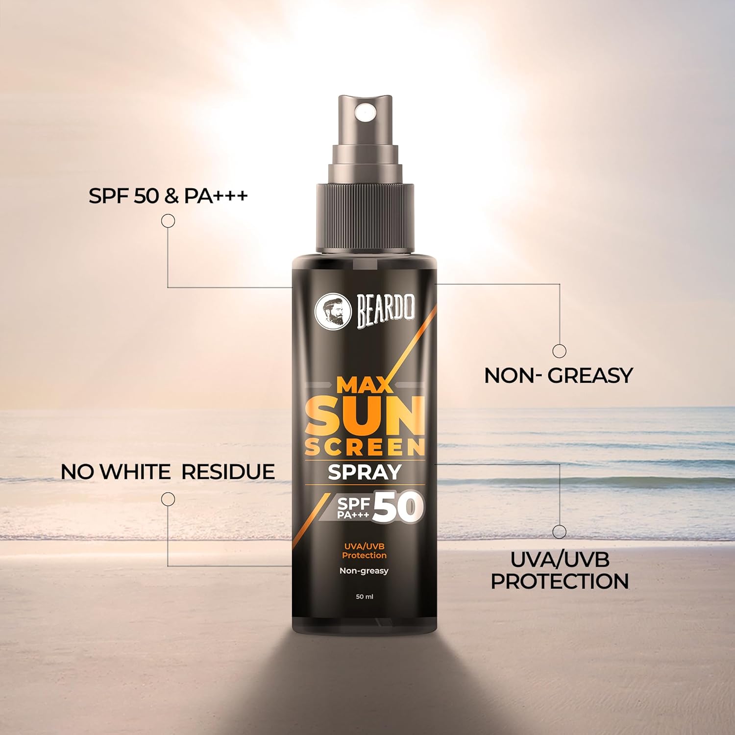 Picture of Beardo Max Sunscreen SPF 50 & PA+++ Spray for Men | Non-greasy Spray for Men | Easy Application of Sunscreen for Oily Skin | UVA UVB Protection | 50ml
