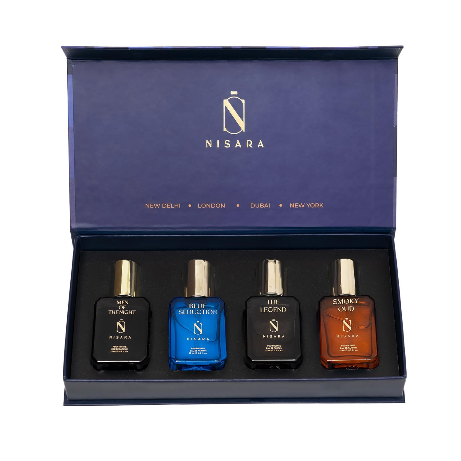 Picture of Nisara Long Lasting Men Perfume Gift Set 4x15ml(60ml) | Notes:- Citrus Musky, Fresh Aqua, Woody Oud with | Men Of The Night | Blue Seduction | The Legend | Smoky Oud | Travel & Pocket friendly perfume kit for all moods & occasions | Ideal gift for men, Hu