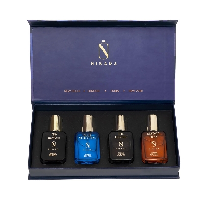 Picture of Nisara Long Lasting Men Perfume Gift Set 4x15ml(60ml) | Notes:- Citrus Musky, Fresh Aqua, Woody Oud with | Men Of The Night | Blue Seduction | The Legend | Smoky Oud | Travel & Pocket friendly perfume kit for all moods & occasions | Ideal gift for men, Hu
