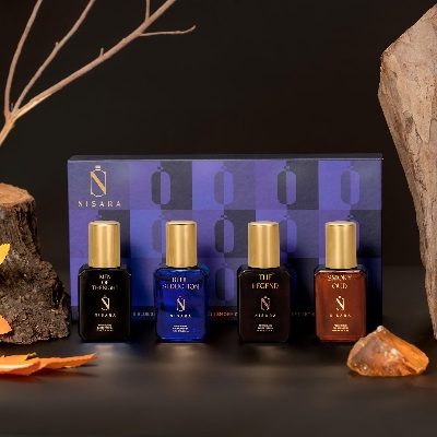 Picture of Nisara Long Lasting Men Perfume Gift Set 4x15ml(60ml) | Notes:- Citrus Musky, Fresh Aqua, Woody Oud with | Men Of The Night | Blue Seduction | The Legend | Smoky Oud | Travel & Pocket friendly perfume kit for all moods & occasions | Ideal gift for men, Hu