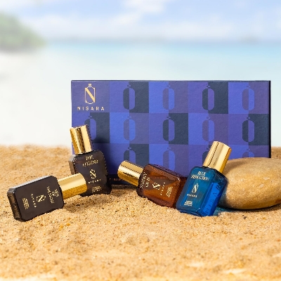 Picture of Nisara Long Lasting Men Perfume Gift Set 4x15ml(60ml) | Notes:- Citrus Musky, Fresh Aqua, Woody Oud with | Men Of The Night | Blue Seduction | The Legend | Smoky Oud | Travel & Pocket friendly perfume kit for all moods & occasions | Ideal gift for men, Hu