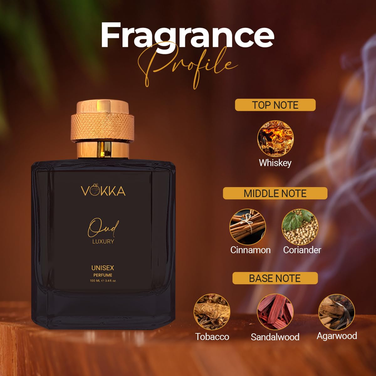 Picture of Vokka Oud 100 ml | Unisex Luxury Long Lasting Smokey Perfume For Men And Women | Woody Pleasant Scent Eau De Parfum | EDP Fragrance for Gift | Notes: Spicy Sandalwood Agarwood