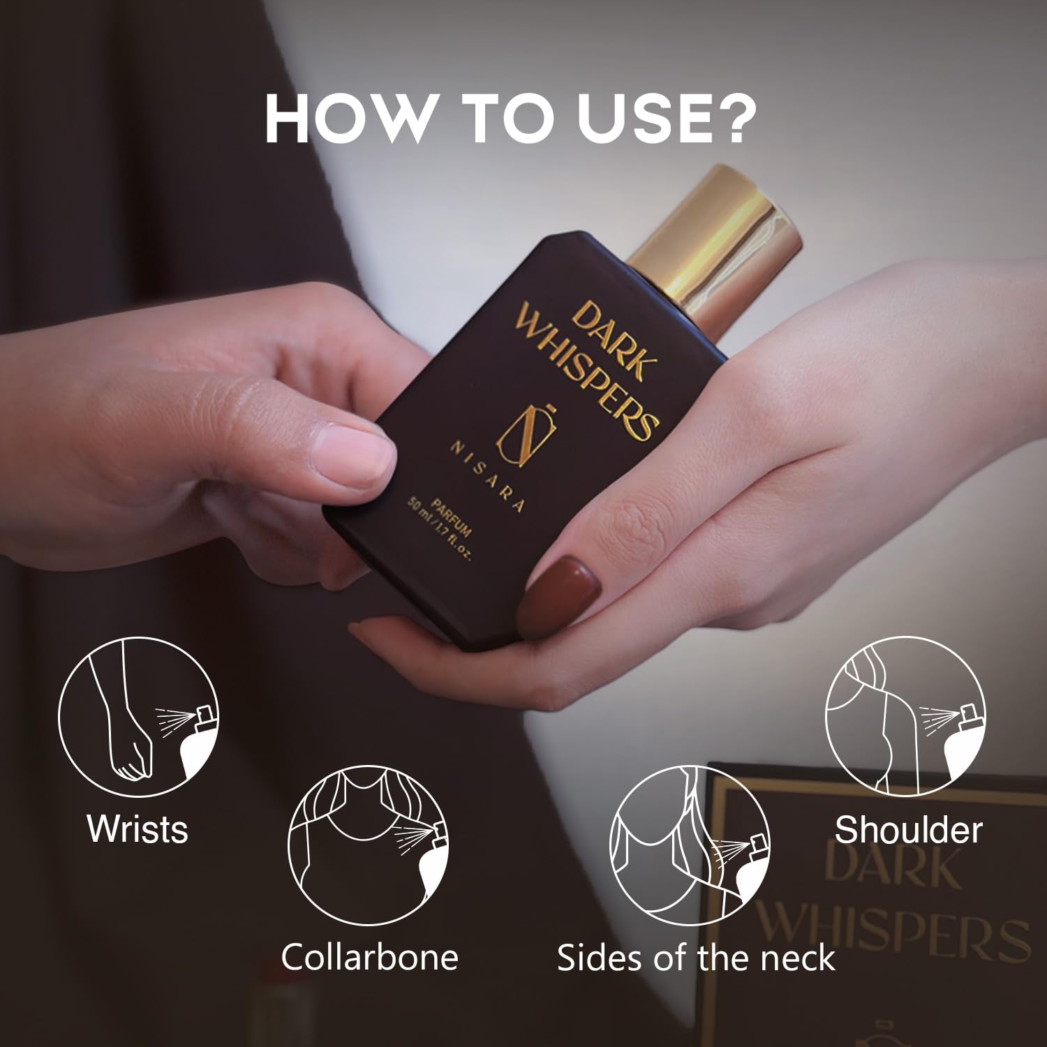 Picture of Nisara Dark Whispers 50ml Strong Unisex Parfum For Men and Woman | Unisex Long Lasting Parfum | Premium Perfume | parfum for Gift Amber Oud Musk notes| With Oud Wood, Raspberry, Saffron, Rose, Musk | EDP Scent for Men & Woman