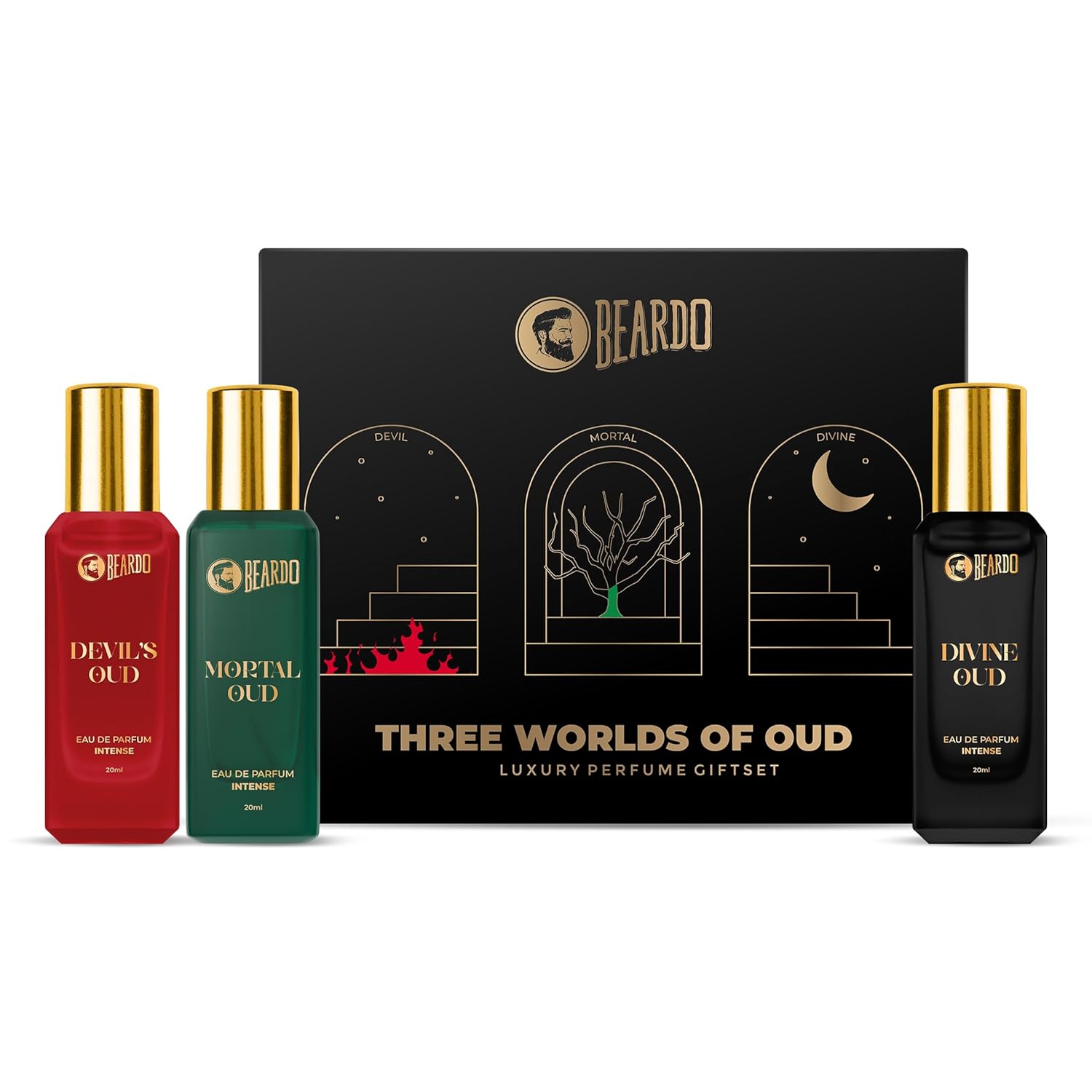 Picture of Beardo Oud Perfumes Giftset for Men - Three Worlds of Oud 3x20ml | Devil's, Mortal & Divine | Long lasting Perfume for Men | Luxury Perfume giftset for Men