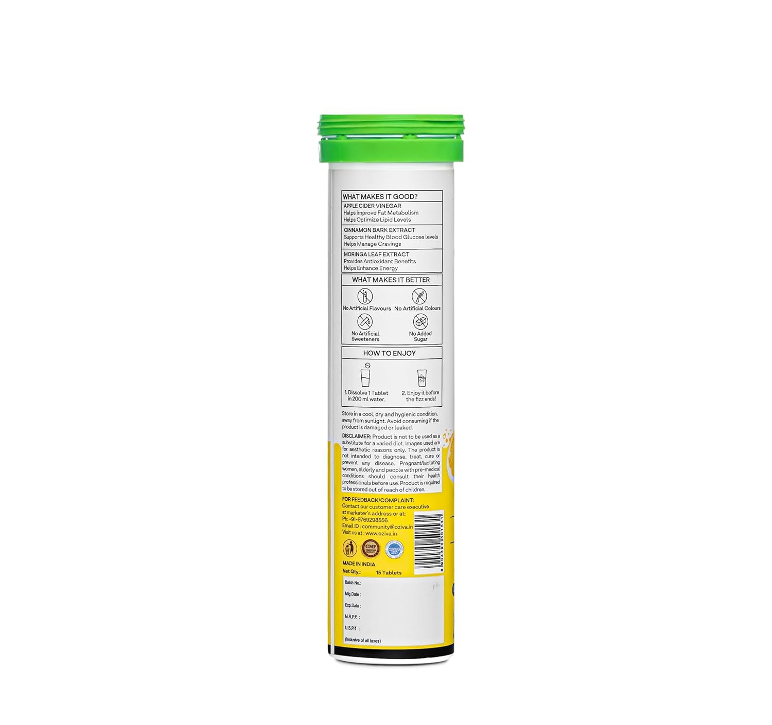 Picture of OZiva ACV Moringa | Control Cravings I Apple Cider Vinegar, Cinnamon, Guggul I No Maltodextrin & No Added Sugar I 15 Effervescent Tablets - Lemon Masala