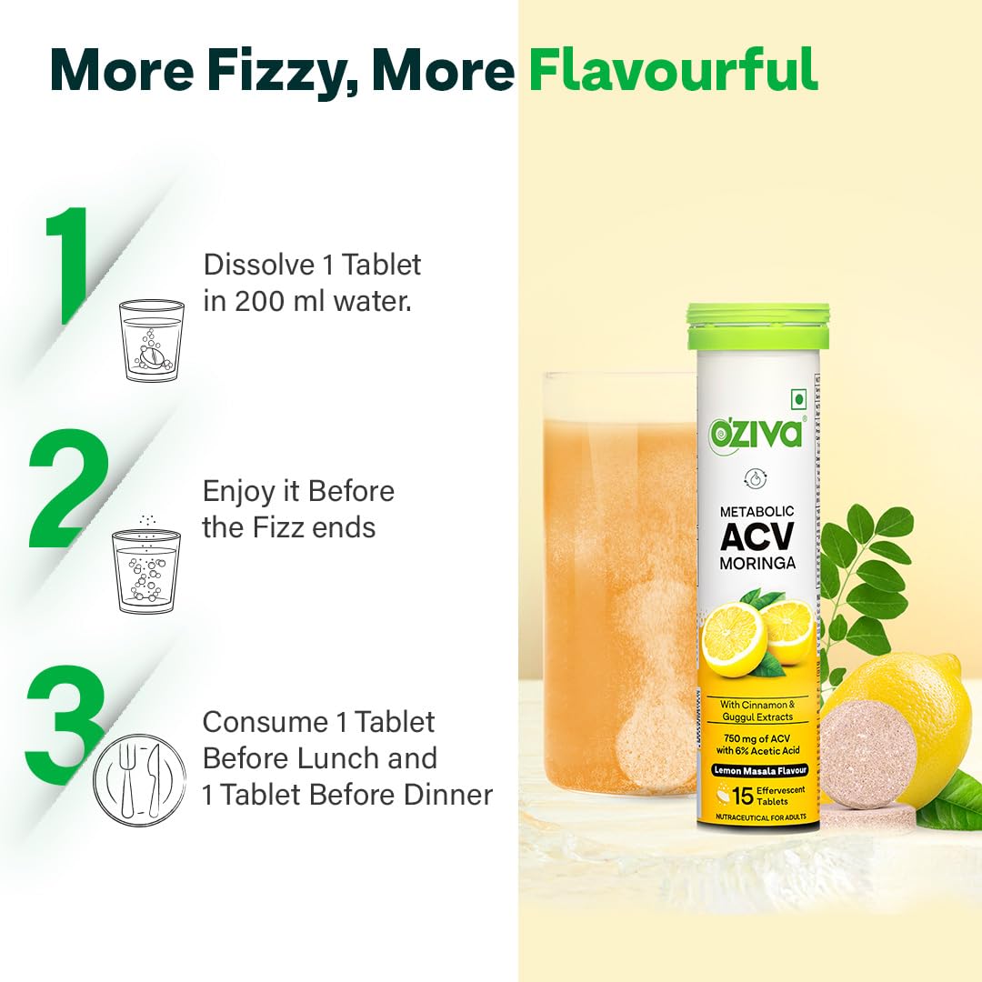 Picture of OZiva ACV Moringa | Control Cravings I Apple Cider Vinegar, Cinnamon, Guggul I No Maltodextrin & No Added Sugar I 15 Effervescent Tablets - Lemon Masala