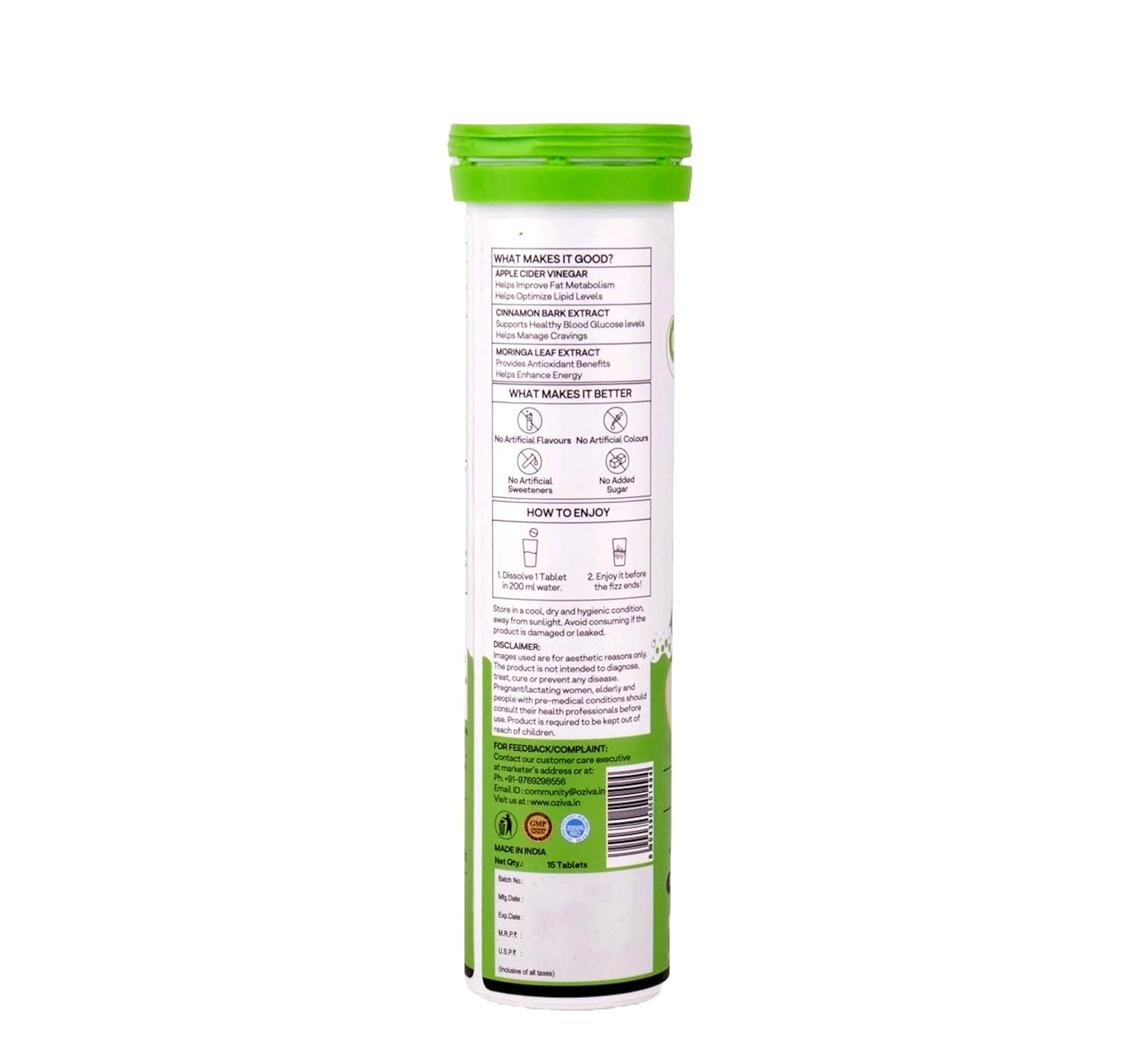 Picture of OZiva ACV Moringa | Control Cravings I Apple Cider Vinegar, Cinnamon, Guggul I No Maltodextrin & No Added Sugar I 15 Effervescent Tablets - Green Apple