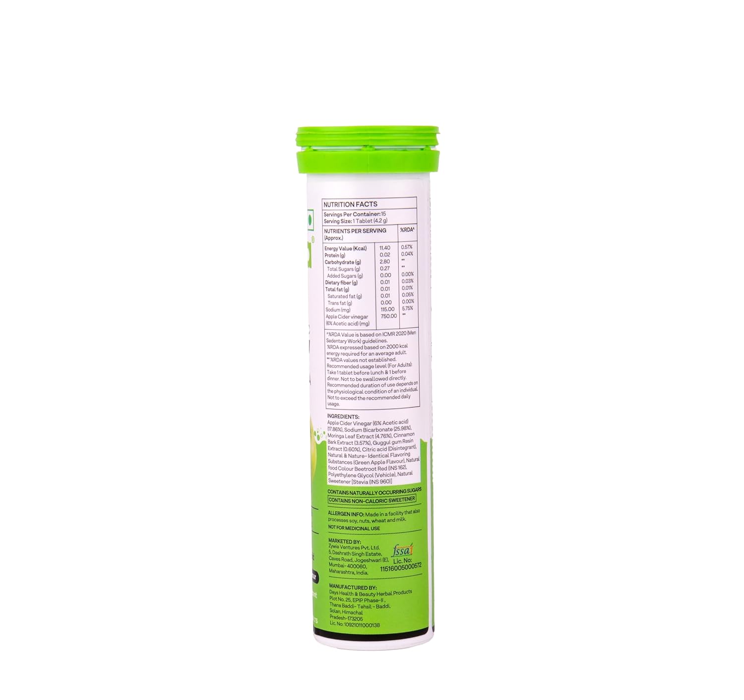 Picture of OZiva ACV Moringa | Control Cravings I Apple Cider Vinegar, Cinnamon, Guggul I No Maltodextrin & No Added Sugar I 15 Effervescent Tablets - Green Apple