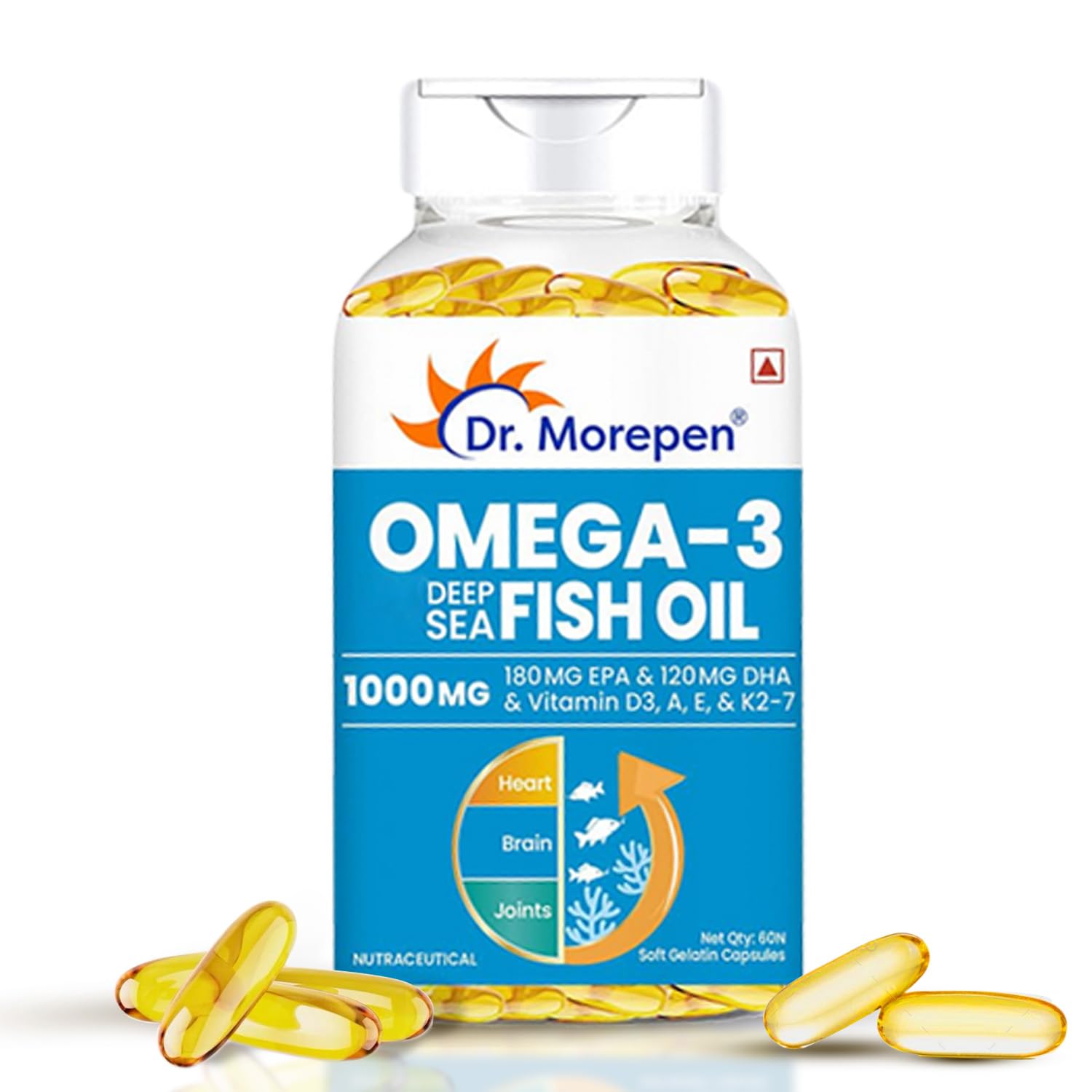 Picture of DR. MOREPEN Omega 3 Deep Sea Fish oil 1000 mg Omega with 300 mg DHA with Vitamin A, D3, E & K27 | 60 softgels