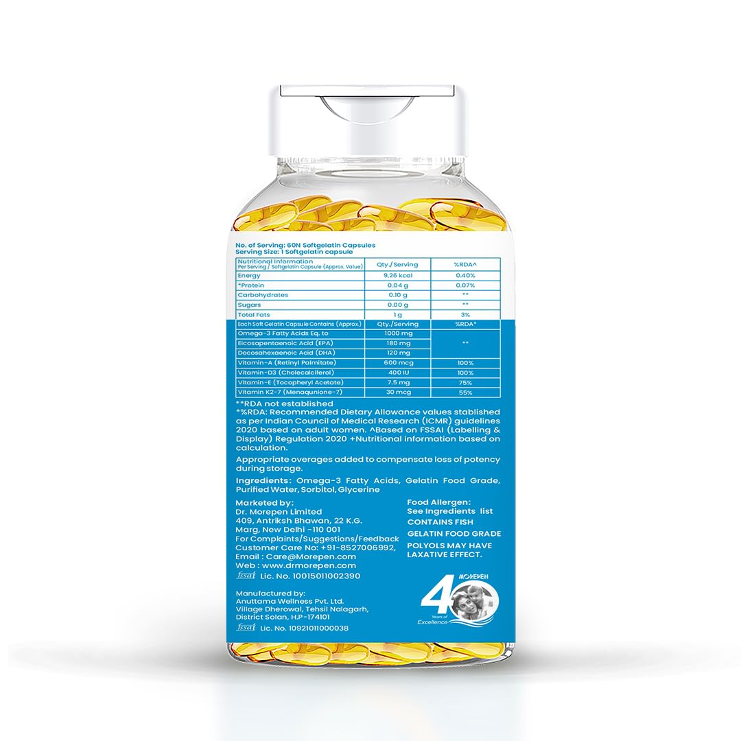 Picture of DR. MOREPEN Omega 3 Deep Sea Fish oil 1000 mg Omega with 300 mg DHA with Vitamin A, D3, E & K27 | 60 softgels