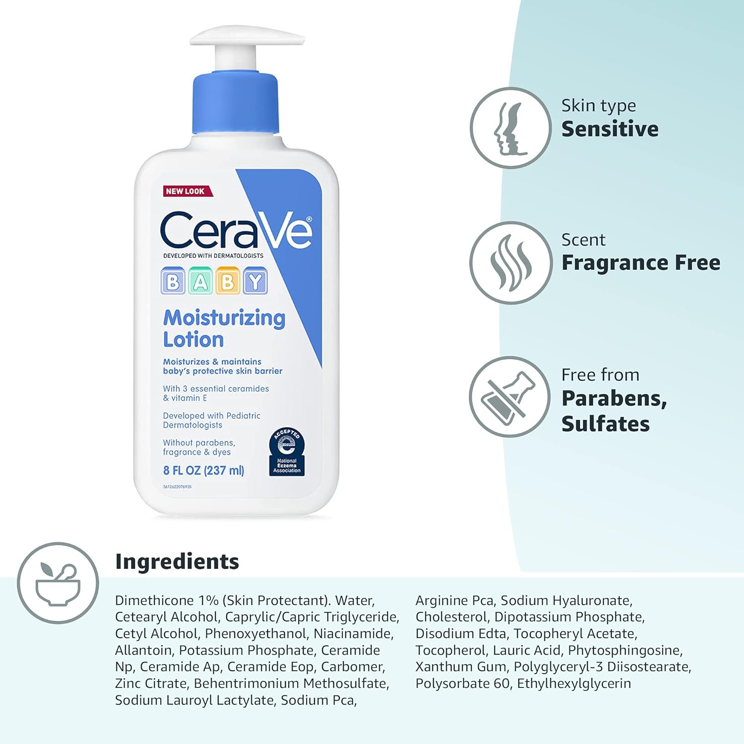 Picture of CeraVe Baby Lotion, Gentle Baby Skin Care with Ceramides, Niacinamide & Vitamin E, Fragrance, Paraben, Dye & Phthalates Free, Lightweight Moisturizer, 8 Ounce, Packaging May Vary