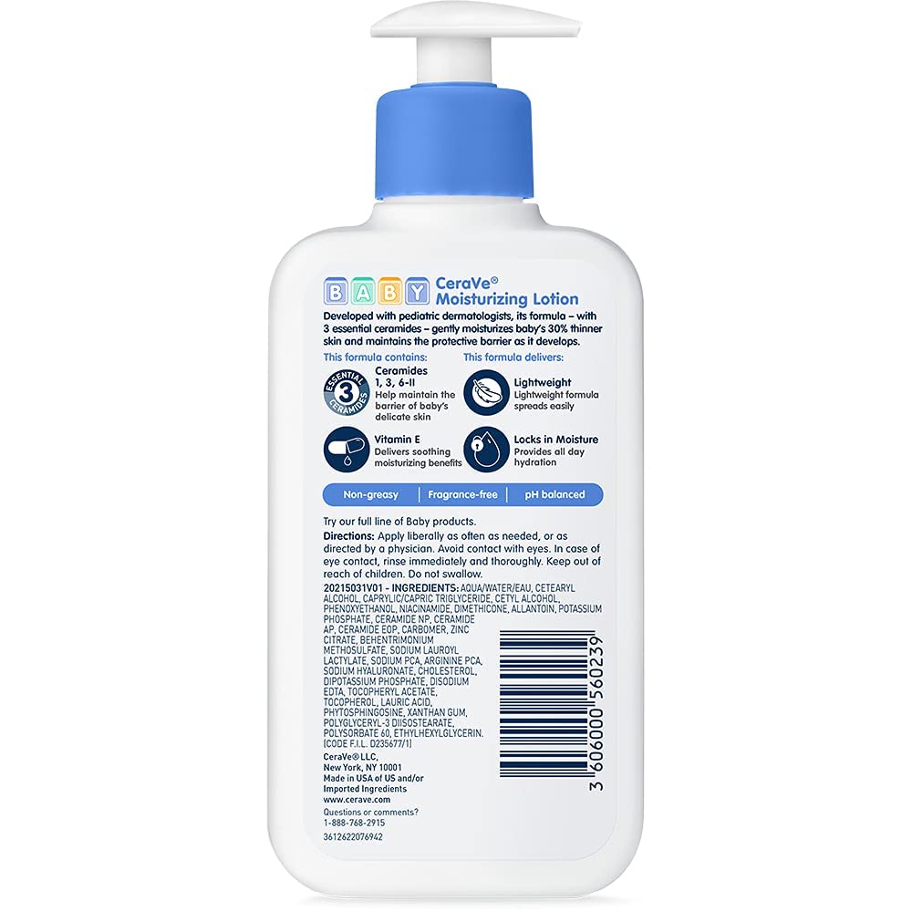 Picture of CeraVe Baby Lotion, Gentle Baby Skin Care with Ceramides, Niacinamide & Vitamin E, Fragrance, Paraben, Dye & Phthalates Free, Lightweight Moisturizer, 8 Ounce, Packaging May Vary