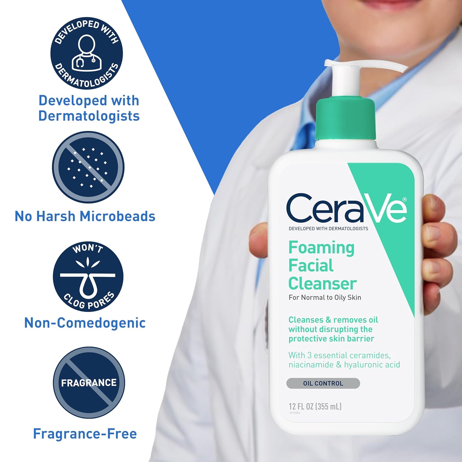 Picture of CeraVe Foaming Facial Cleanser, Daily Face Wash for Oily Skin, Hyaluronic Acid + Ceramides + Niacinamide, Fragrance Free & Paraben Free, Non-Drying Oil Control Face Wash, 8 Fluid Ounces-237 ml
