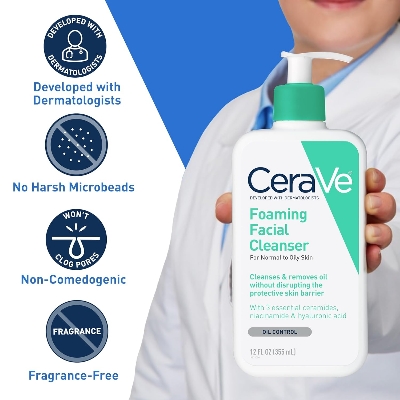 Picture of CeraVe Foaming Facial Cleanser, Daily Face Wash for Oily Skin, Hyaluronic Acid + Ceramides + Niacinamide, Fragrance Free & Paraben Free, Non-Drying Oil Control Face Wash, 8 Fluid Ounces-237 ml