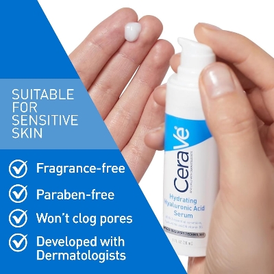 Picture of Cerave Hyaluronic Acid Serum for Face with Vitamin B5 and Ceramides, Hydrating Face Serum for Dry Skin, Fragrance Free, 1 Ounce