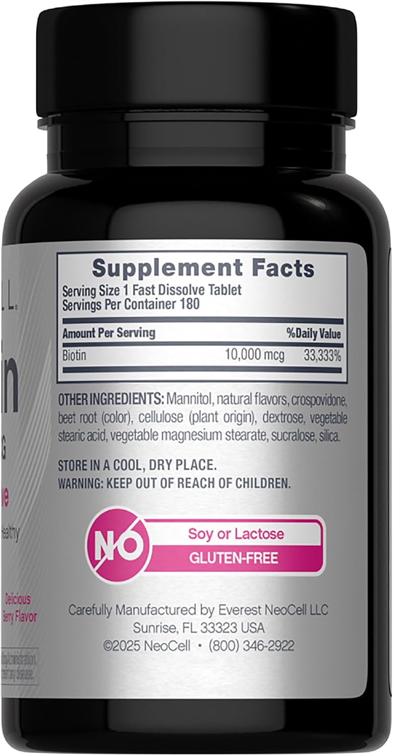 Picture of NeoCell Biotin 10000mcg Fast Dissolve Tablets | 180 Count | for Women and Men | Berry Flavor Supplement | Hair, Skin, and Nails