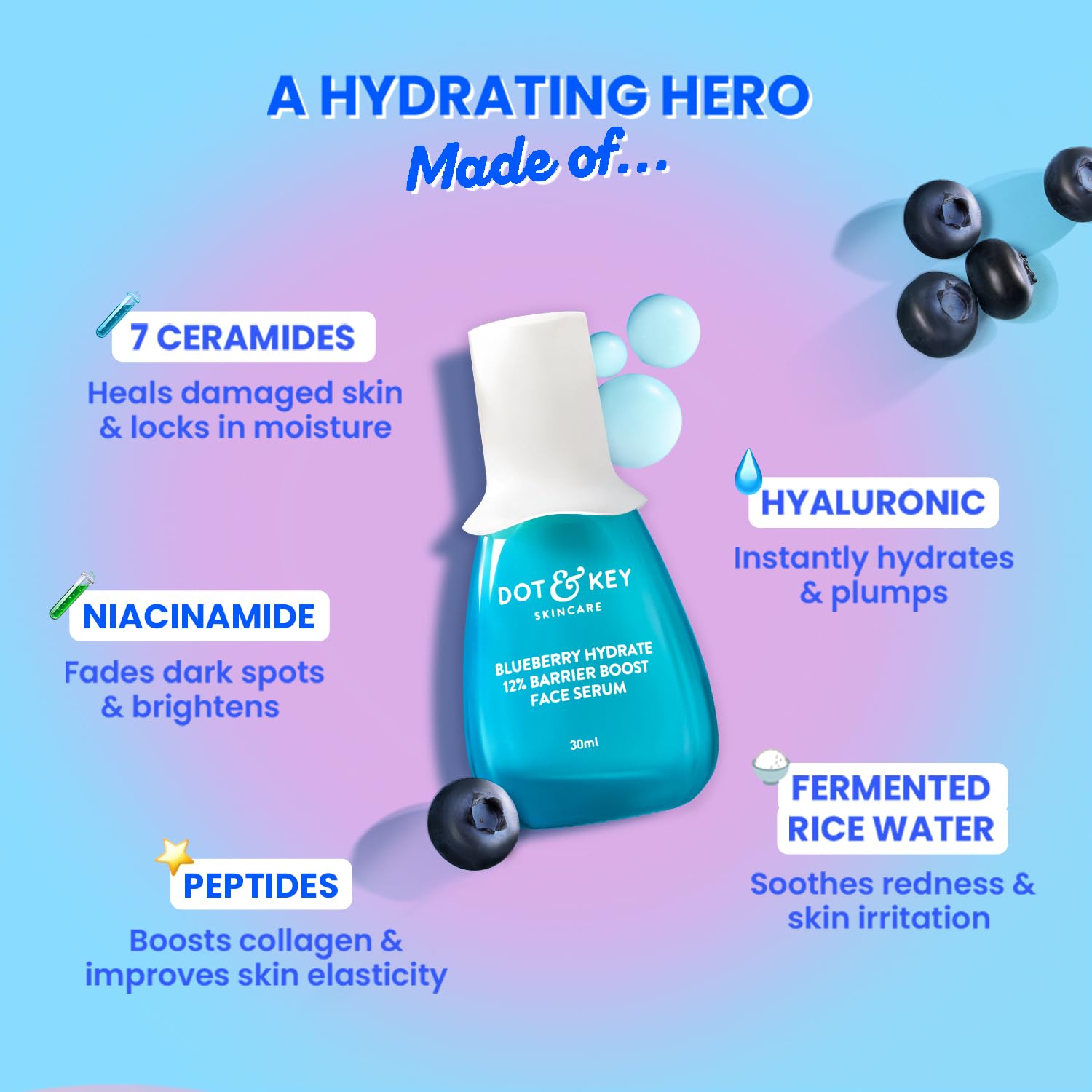 Picture of Dot & Key Blueberry Hydrate 12% Barrier Boost Serum with 7 Ceramides | Niacinamide & Hyaluronic Acid, Reduces Dark Spots, Brightens Skin, Provides Intense Hydration & Repairs Skin Barrier | 30ml