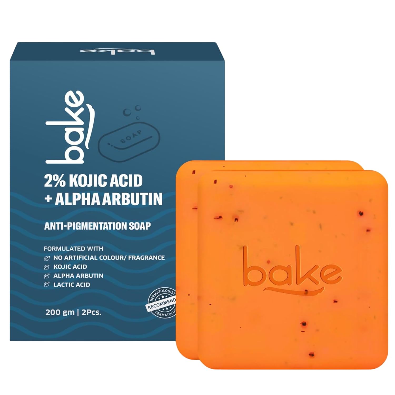Picture of BAKE 2% Kojic Acid Scrub Treatment Soap (200 Gms) for Pigmentation, Dark Spots, Tan Removal, Brightens Underarms | With Alpha Arbutin, Lactic Acid & Niacinamide | Soap for Women & Men | 100g x 2