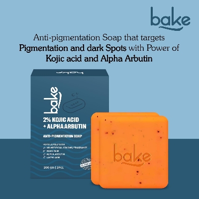 Picture of BAKE 2% Kojic Acid Scrub Treatment Soap (200 Gms) for Pigmentation, Dark Spots, Tan Removal, Brightens Underarms | With Alpha Arbutin, Lactic Acid & Niacinamide | Soap for Women & Men | 100g x 2