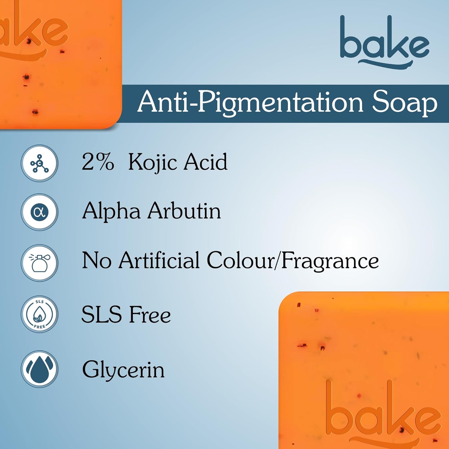 Picture of BAKE 2% Kojic Acid Scrub Treatment Soap (200 Gms) for Pigmentation, Dark Spots, Tan Removal, Brightens Underarms | With Alpha Arbutin, Lactic Acid & Niacinamide | Soap for Women & Men | 100g x 2