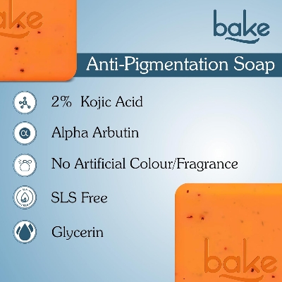 Picture of BAKE 2% Kojic Acid Scrub Treatment Soap (200 Gms) for Pigmentation, Dark Spots, Tan Removal, Brightens Underarms | With Alpha Arbutin, Lactic Acid & Niacinamide | Soap for Women & Men | 100g x 2