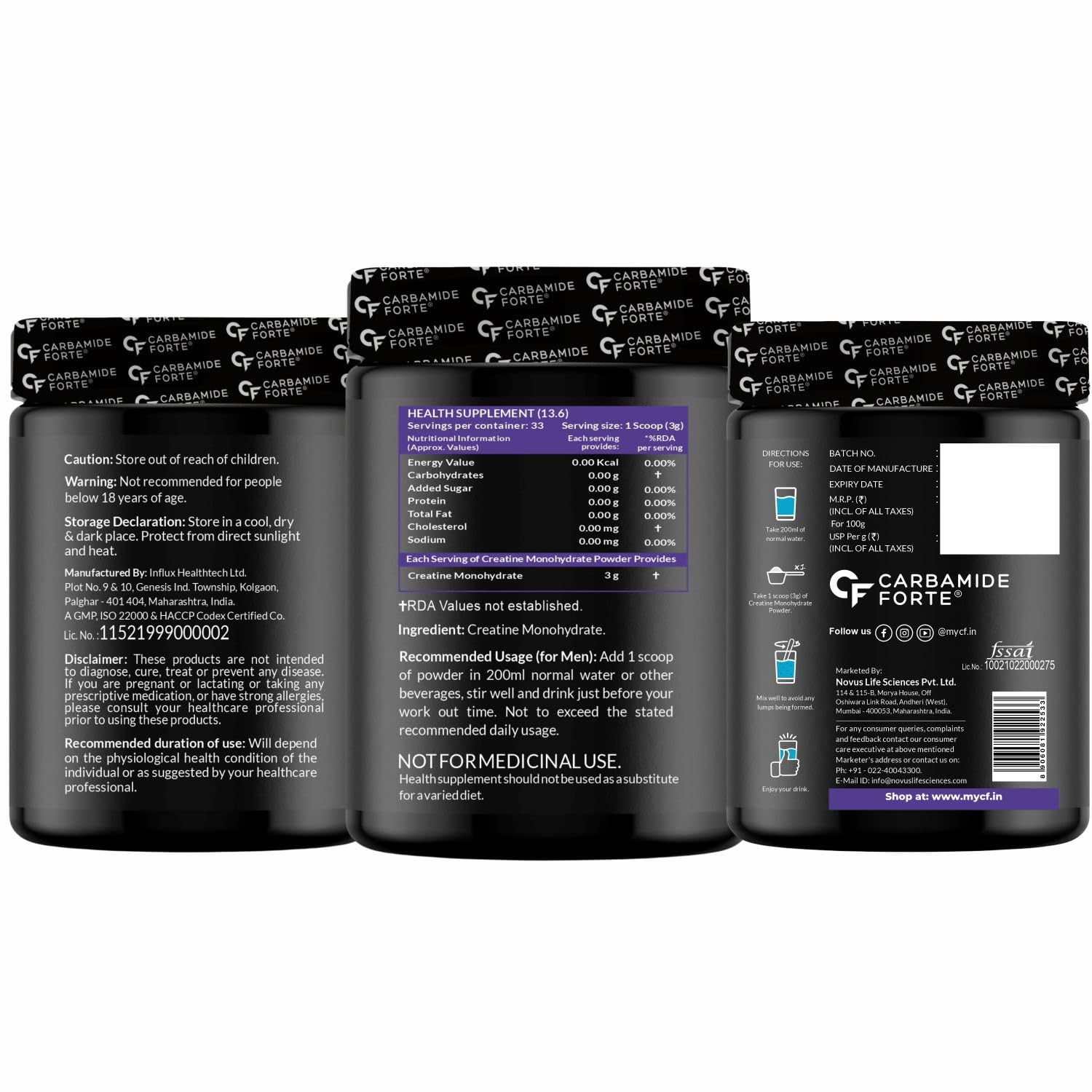 Picture of Carbamide Forte Creatine Mono Hydrate Powder | Micronized Monohydrate 100gm | Creatine Supplement for Lean Muscle Volumization, Strength & Energy - Unflavoured Powder - 33 Servings - 100g