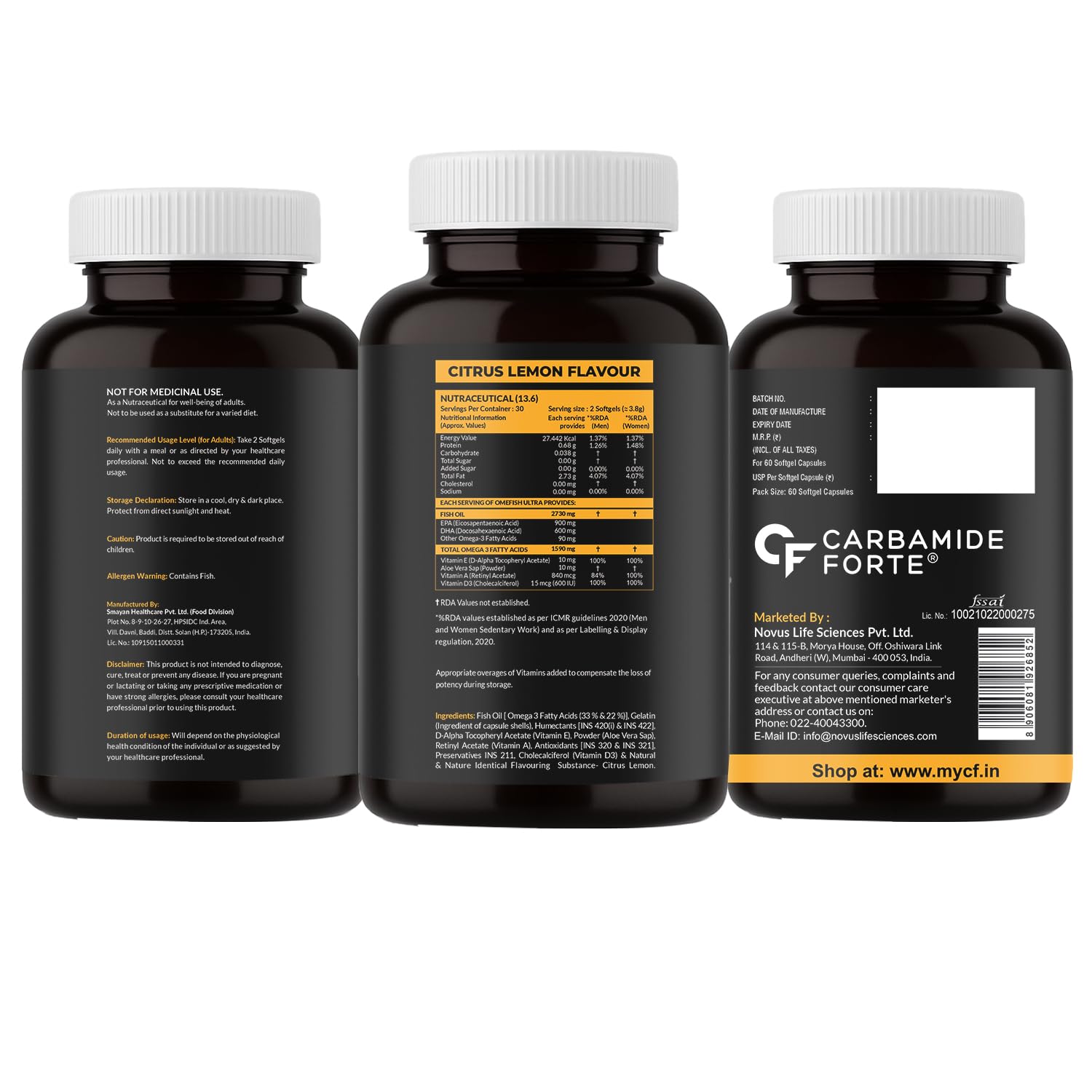 Picture of Carbamide Forte 5X Strength Omega 3 Fish Oil Capsules 2730mg with Omega 3 Supplement 1590mg and added Vitamin A, D, E & Aloevera with Fish Oil for Men & Women - 60 Softgel Capsules