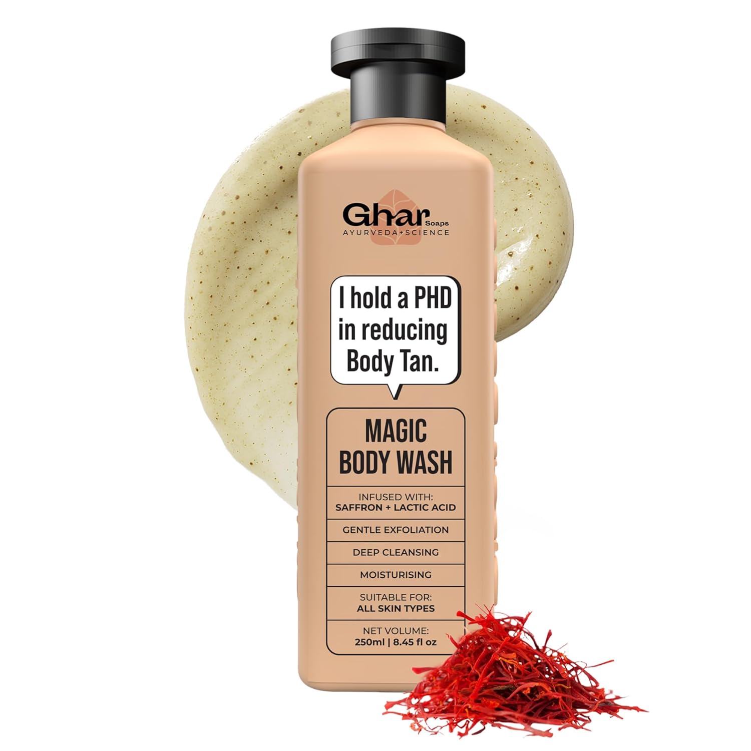 Picture of Ghar Soaps Magic De-Tan body wash for tan removal | Exfoliating Body Wash with Saffron, Lactic Acid & Niacinamide | Detan body wash | Removes Tan & Evens Skin Tone | Paraben & SLS Free