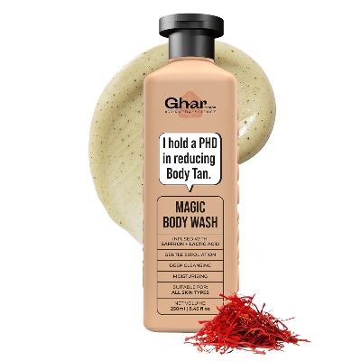 Picture of Ghar Soaps Magic De-Tan body wash for tan removal | Exfoliating Body Wash with Saffron, Lactic Acid & Niacinamide | Detan body wash | Removes Tan & Evens Skin Tone | Paraben & SLS Free