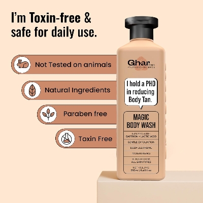 Picture of Ghar Soaps Magic De-Tan body wash for tan removal | Exfoliating Body Wash with Saffron, Lactic Acid & Niacinamide | Detan body wash | Removes Tan & Evens Skin Tone | Paraben & SLS Free