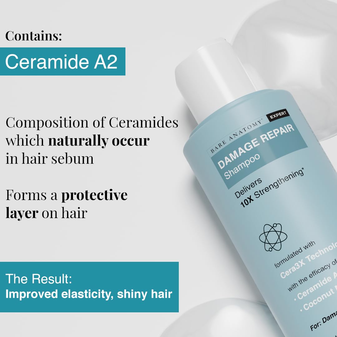 Picture of Bare Anatomy Damage Repair Hair Shampoo | Provides 10x Strengthening Powered By Ceramide A2 & Coconut Milk Protein | For Damaged, Dry & Frizzy Hair | Sulphate & Paraben Free | For Women & Men | 250ml