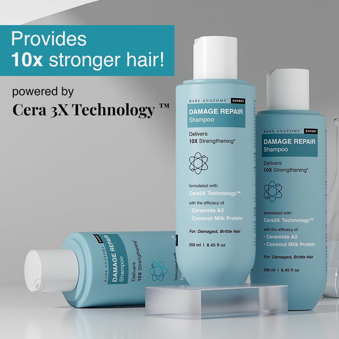 Picture of Bare Anatomy Damage Repair Hair Shampoo | Provides 10x Strengthening Powered By Ceramide A2 & Coconut Milk Protein | For Damaged, Dry & Frizzy Hair | Sulphate & Paraben Free | For Women & Men | 250ml