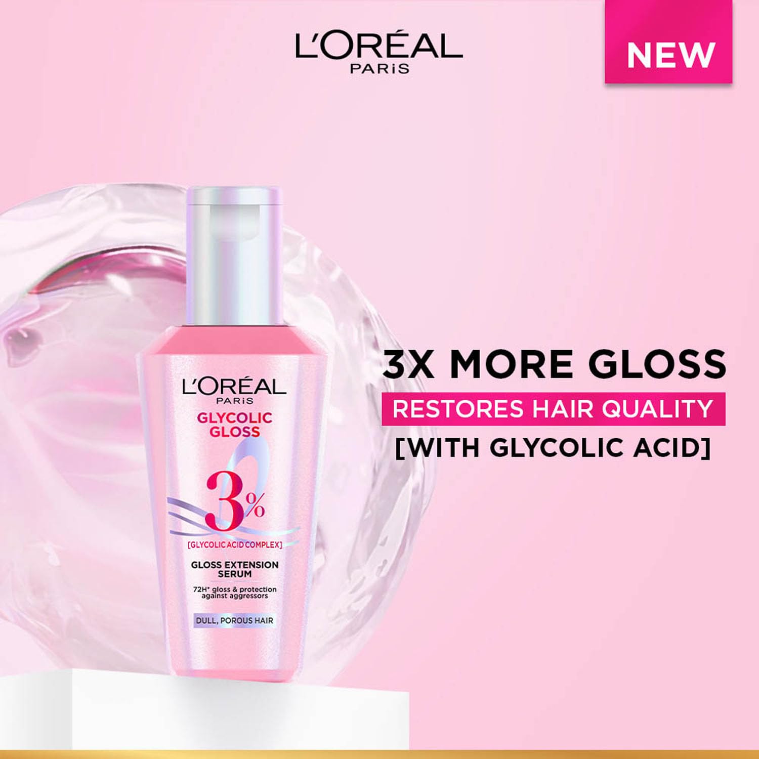 Picture of L'Oréal Paris Glycolic Gloss Serum, powered by Glycolic Acid, for dull hair, gives 72H Shine & improves hair quality, 40ml