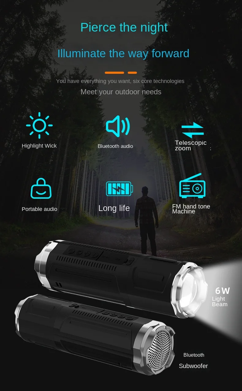 Picture of Portable Bluetooth Speaker With Zoomable Flashlight - 4 Dimming Modes FM Radio Long Lasting Life Picture of Portable Bluetooth Speaker With Zoomable Flashlight - 4 Dimming Modes FM Radio Long Lasting Life