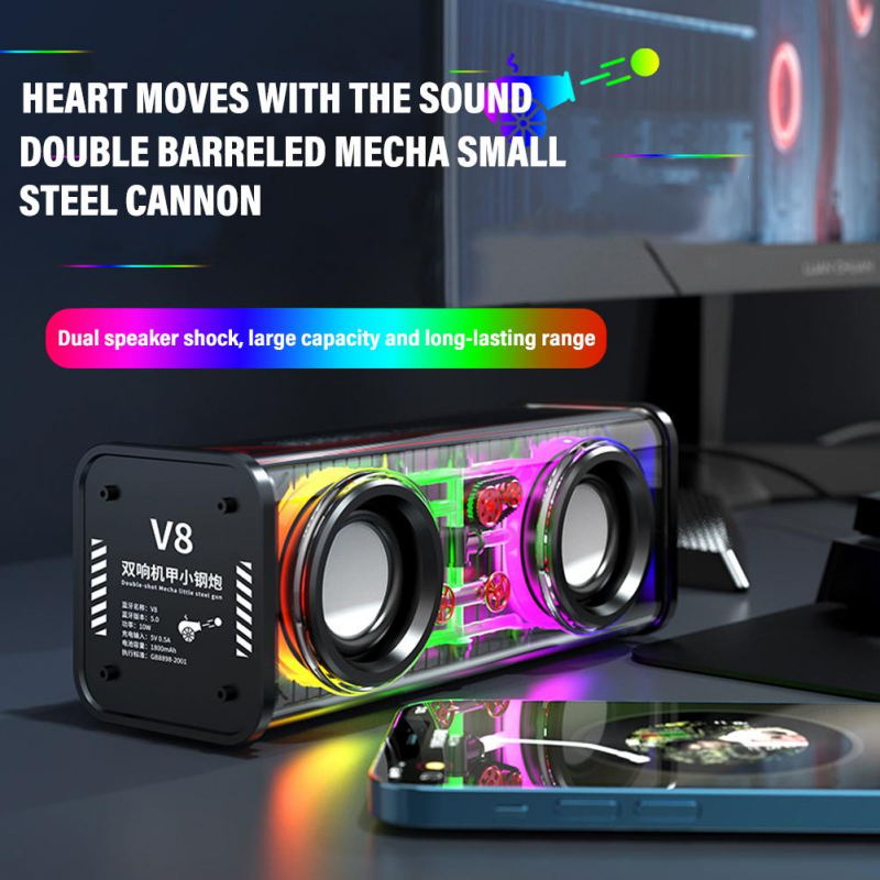 Picture of V8 Transparent Mecha Wireless Bluetooth Speaker Sound Light Rhythm Subwoofer TWS Stereo Cyberpunk Music Center Hands-free Call