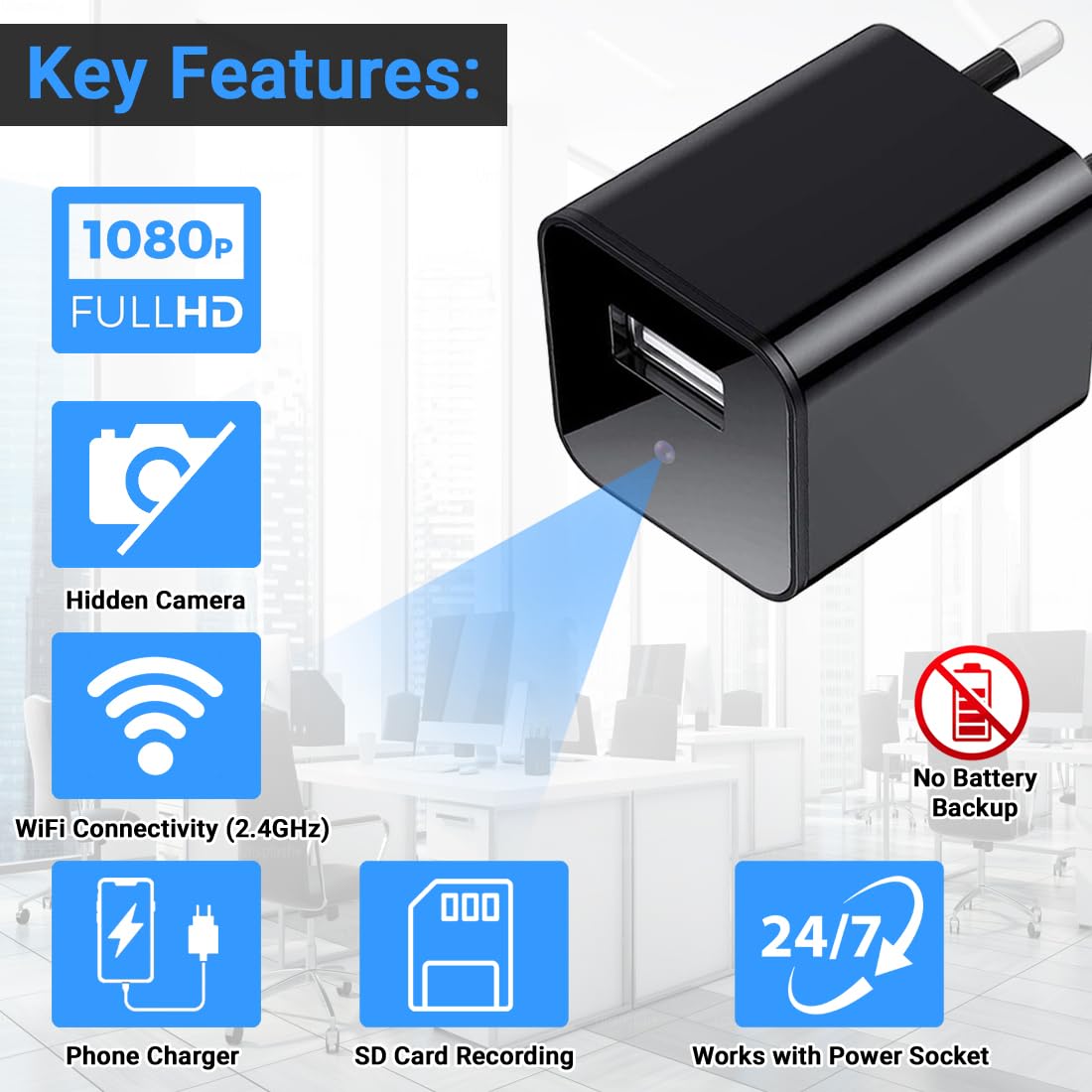 Picture of Wifi Charger HD Camera USB Wall Charger Adapter with voice full HD 1080p