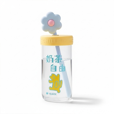 Picture of Cute Flower Straw Cap Glass Cup – Stylish & Practical Drinkware