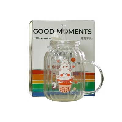 Picture of Cute Striped Glass Cup with Straw & Handle | Aesthetic Iced Coffee Tumbler with Lid