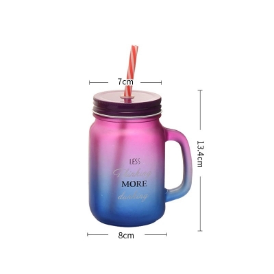 Picture of Creative Gradient Frosted Mason Glass Cup with Handle & Straw | Aesthetic Iced Beverage Mug for Home & Café