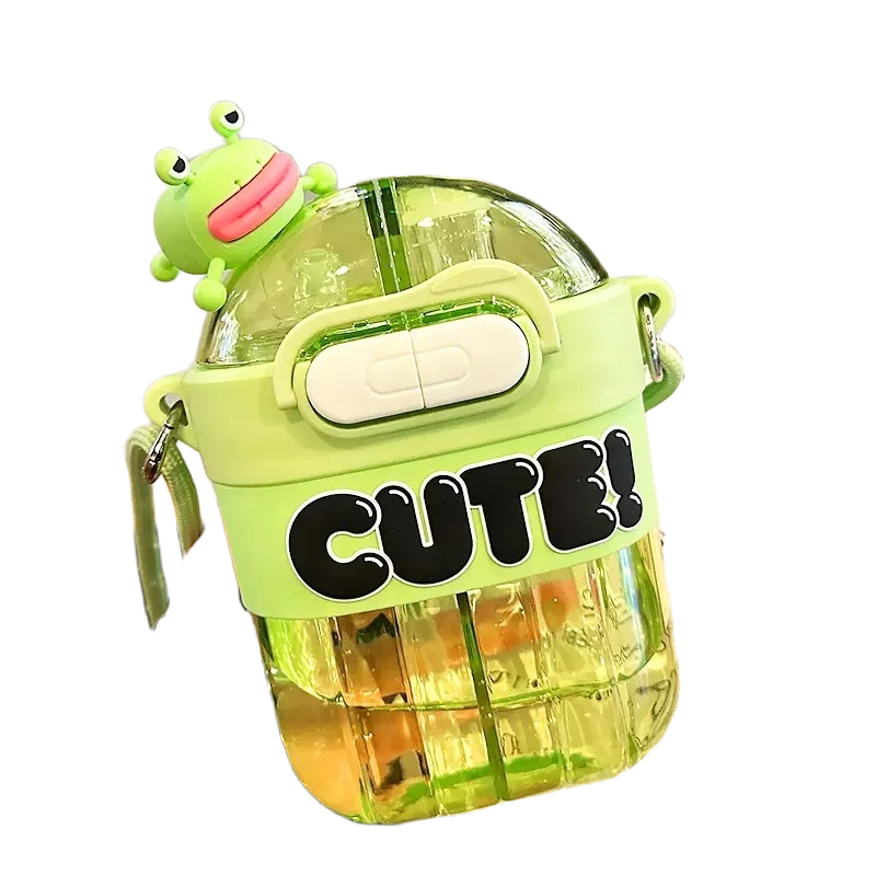 Picture of Cute Cartoon Dual-Compartment Straw Cup – 700ml | Kids' Split-Drink Water Bottle with Strap