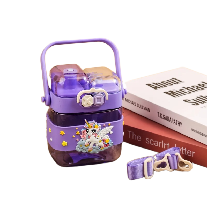 Picture of Cute Cartoon Dual-Drink Straw Cup – 600ml | Fun Split-Compartment Kids Water Bottle with Strap