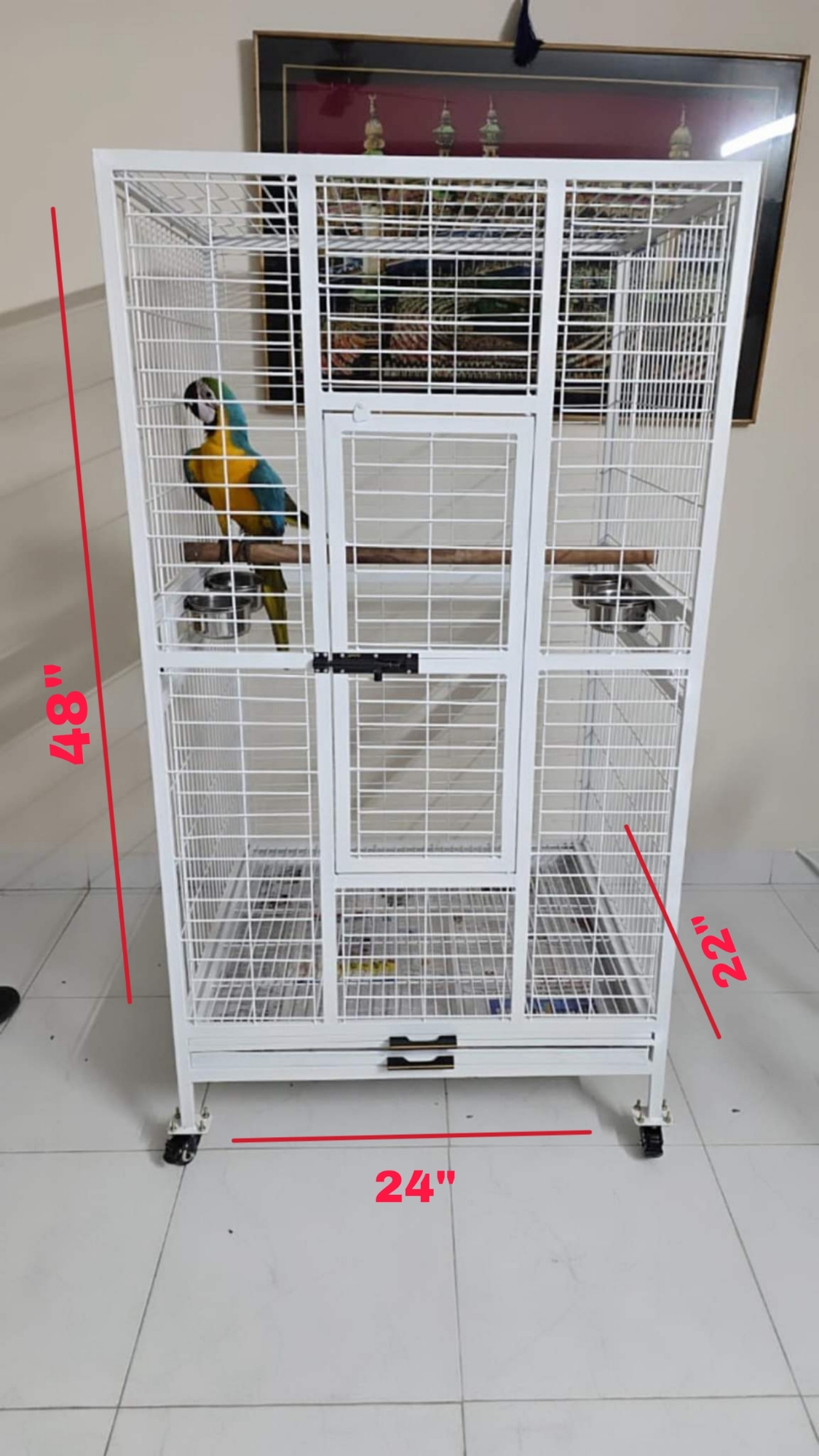 Picture of Large Family Bird Temp Cage With 4 Wheels , Luxury Pet Parrot Cage Ornamental Cage Metal Cage Transparent Glass Cage Door Feeding Cage Birds/Cages