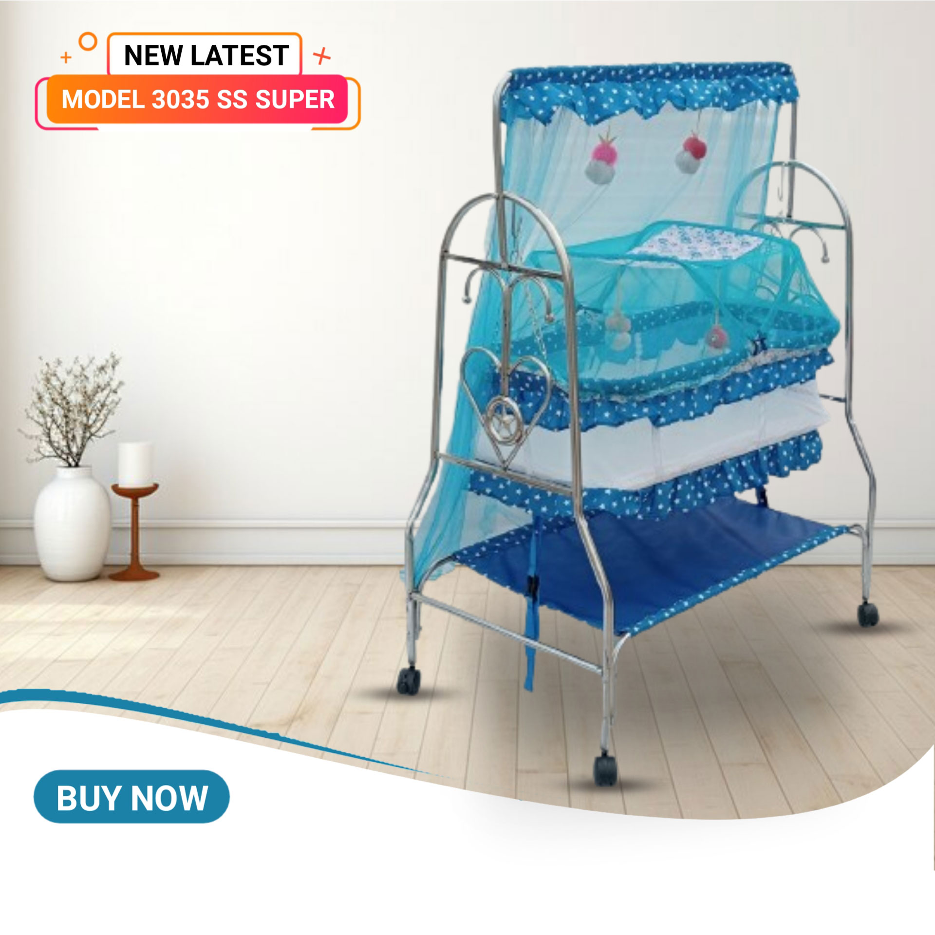 Picture of Stainless Steel Dolna Bed For New Born Baby A Cozy Nest Cradle model no SS-3035 dolna bed with mosquito net Bacchader Dolna Baby Dolna