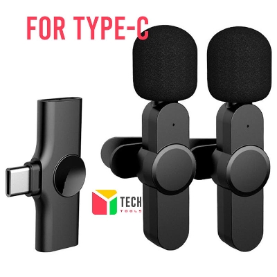 Picture of Dual Bluetooth Microphone K9 Wireless Lavalier Microphone Noise Reduction Outdoor Live Broadcast USB Lavalier Microphone For Mobile Phone Type C & Lighting Port Black