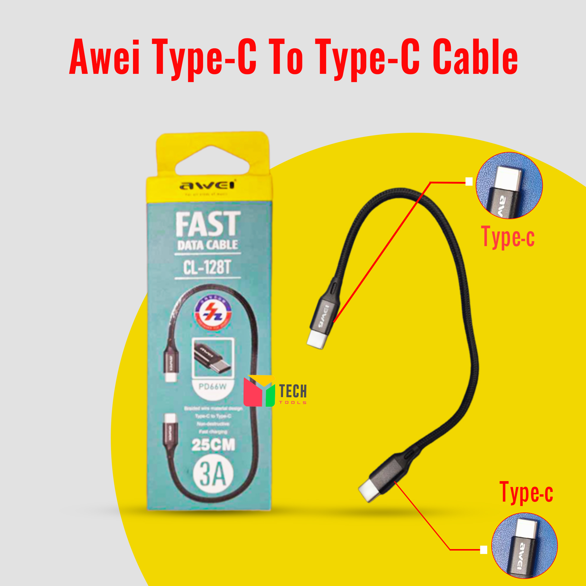 Picture of Awei CL-128T Type-C to Type-C Cables 66W PD 3.0 Fast Charge and Data Transmission Cable