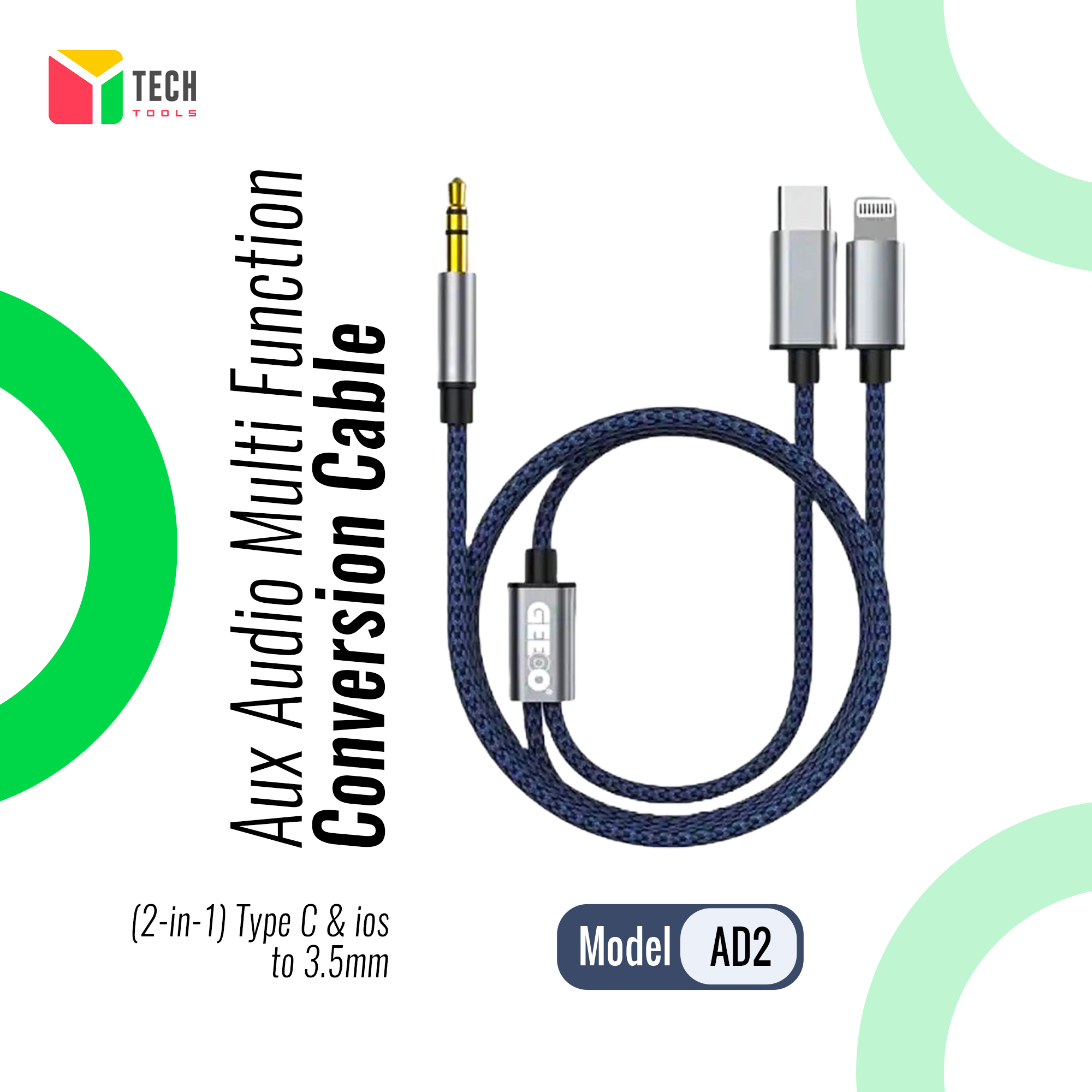 Picture of Geeoo AD2 Aux Audio Multi Function Conversion Cable-(2 in 1) Type-C & Lightning to 3.5mm