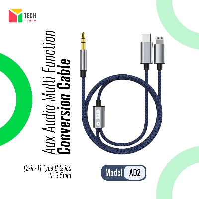 Picture of Geeoo AD2 Aux Audio Multi Function Conversion Cable-(2 in 1) Type-C & Lightning to 3.5mm