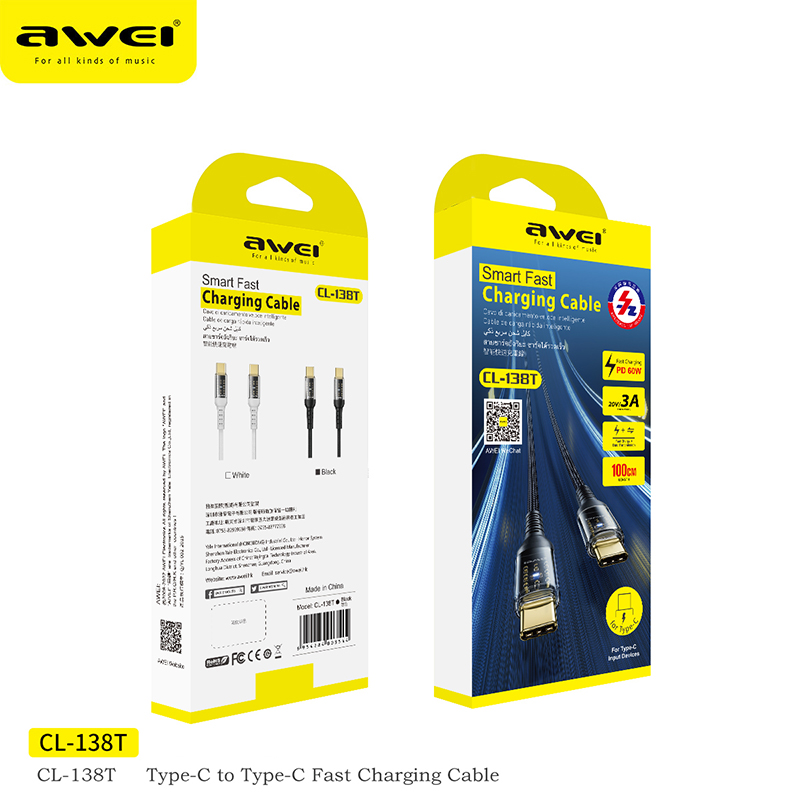 Picture of Awei CL-138T Type-C To Type-C PD 60W Transparent Data Fast Charging Cablee
